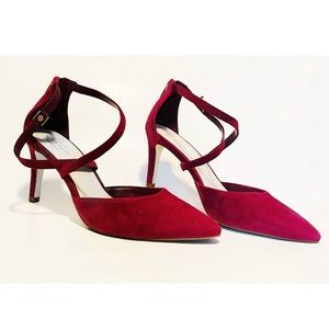 Cole Haan Ruby Red Suede Heels Ankle Strap Close Toe, Pointed Toe, Valentine’s